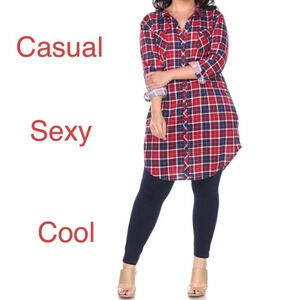 White Mark Stretch Tunic top plaid button down dress in burgundy and blue
